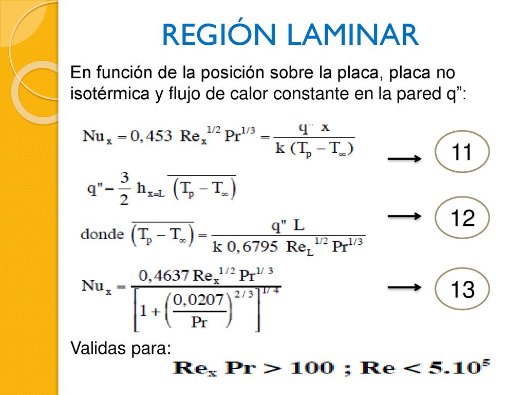 REGIÓN LAMINAR En función de la posición sobre la placa, placa no isotérmica y flujo de calor constante en la pared q : Validas para: