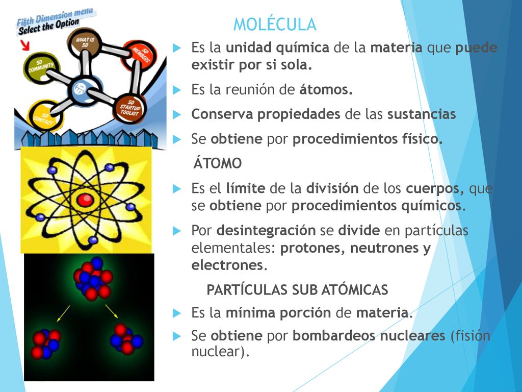 MOLÉCULA Es la unidad química de la materia que puede existir por si sola. Es la reunión de átomos.