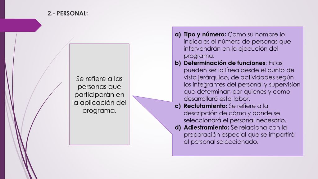 2.- PERSONAL: Tipo y número: Como su nombre lo indica es el número de personas que intervendrán en la ejecución del programa.