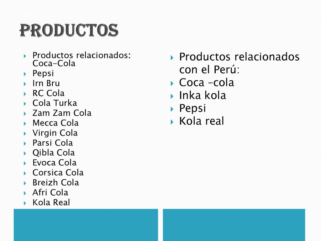 PRODUCTOS Productos relacionados con el Perú: Coca –cola Inka kola