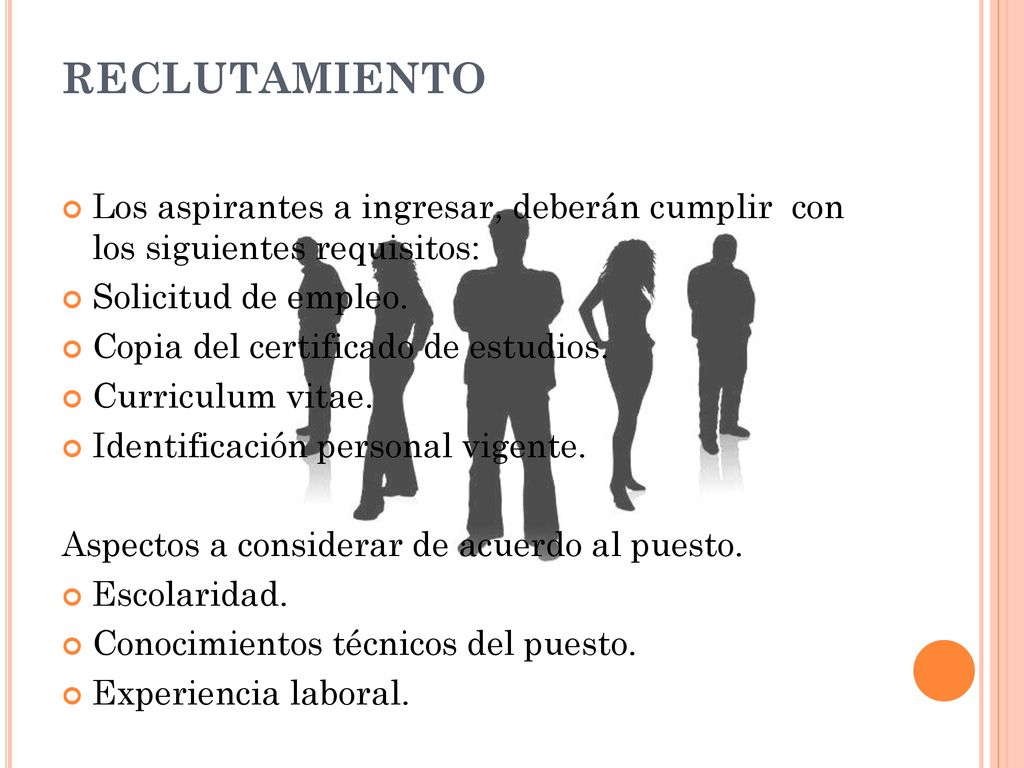 RECLUTAMIENTO Los aspirantes a ingresar, deberán cumplir con los siguientes requisitos: Solicitud de empleo.
