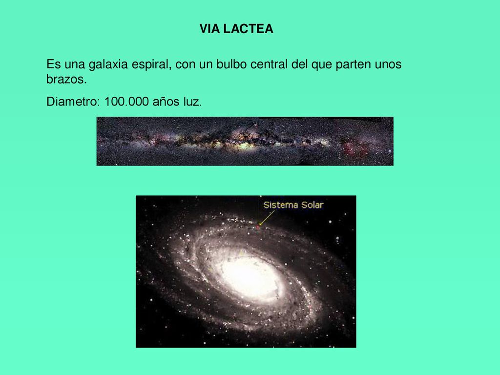 VIA LACTEA Es una galaxia espiral, con un bulbo central del que parten unos brazos.