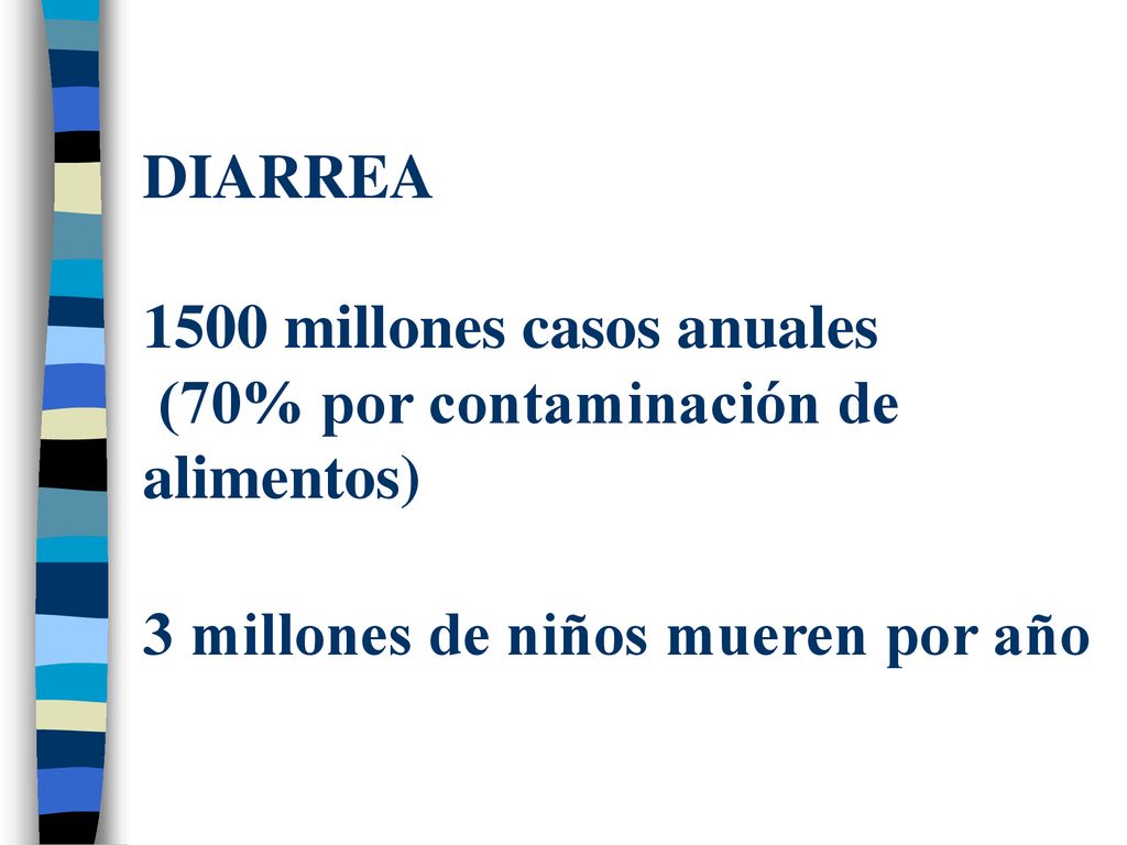DIARREA 1500 millones casos anuales (70% por contaminación de alimentos) 3 millones de niños mueren por año