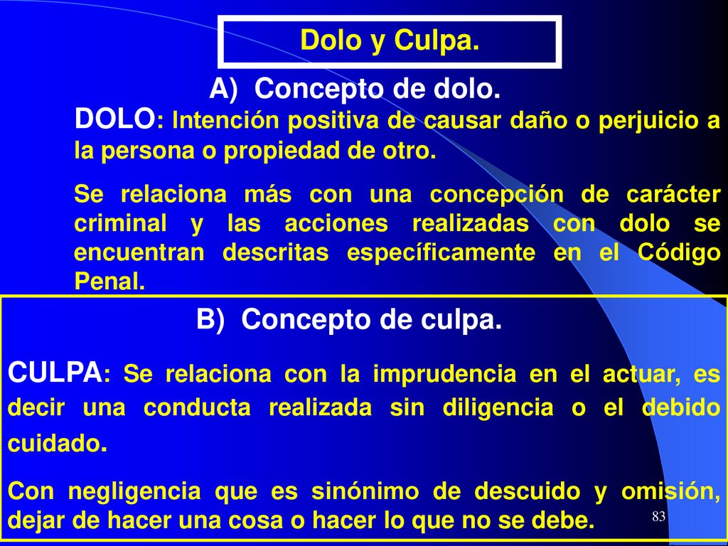 Dolo y Culpa. A) Concepto de dolo. B) Concepto de culpa.