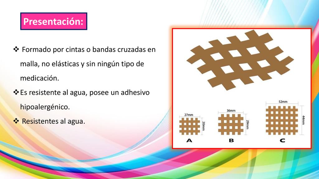 Presentación: Formado por cintas o bandas cruzadas en malla, no elásticas y sin ningún tipo de medicación.