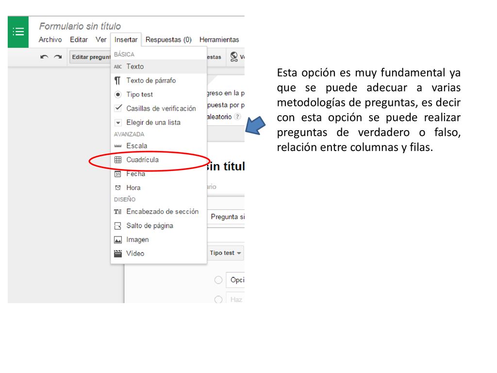 Esta opción es muy fundamental ya que se puede adecuar a varias metodologías de preguntas, es decir con esta opción se puede realizar preguntas de verdadero o falso, relación entre columnas y filas.