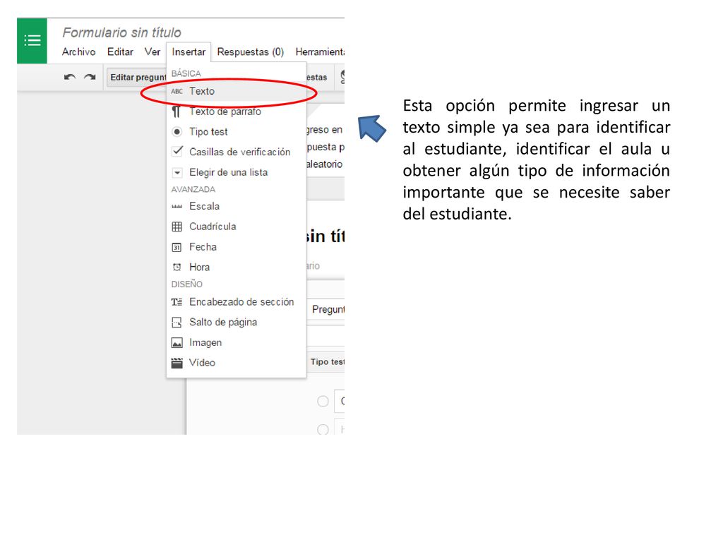 Esta opción permite ingresar un texto simple ya sea para identificar al estudiante, identificar el aula u obtener algún tipo de información importante que se necesite saber del estudiante.