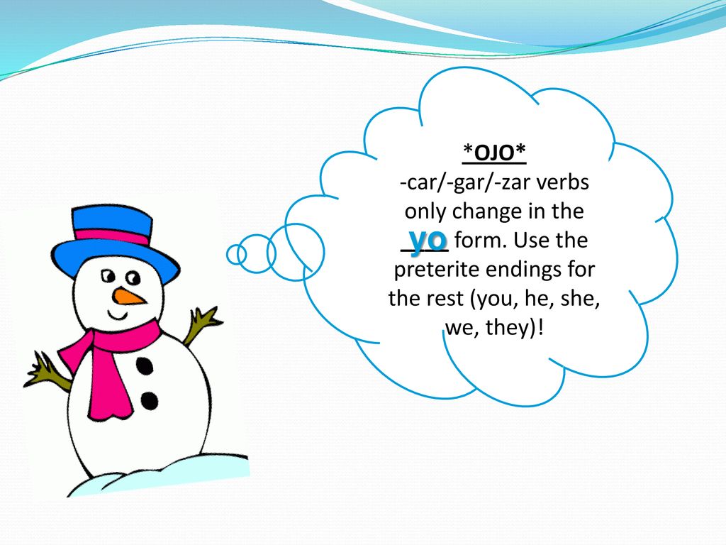 *OJO* -car/-gar/-zar verbs only change in the ____ form. Use the preterite endings for the rest (you, he, she, we, they)!