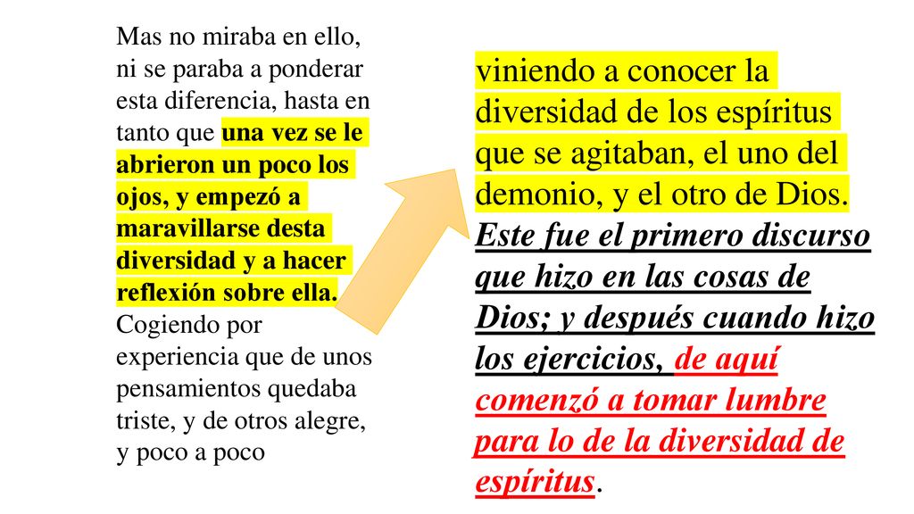 Mas no miraba en ello, ni se paraba a ponderar esta diferencia, hasta en tanto que una vez se le abrieron un poco los ojos, y empezó a maravillarse desta diversidad y a hacer reflexión sobre ella. Cogiendo por experiencia que de unos pensamientos quedaba triste, y de otros alegre, y poco a poco
