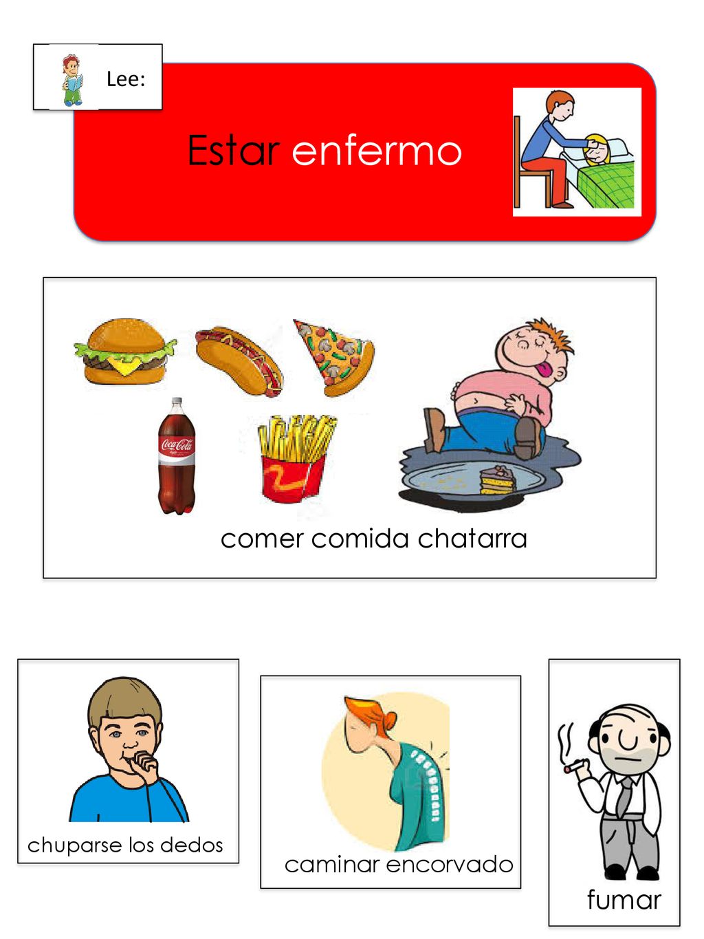 Estar enfermo comer comida chatarra fumar Lee: caminar encorvado