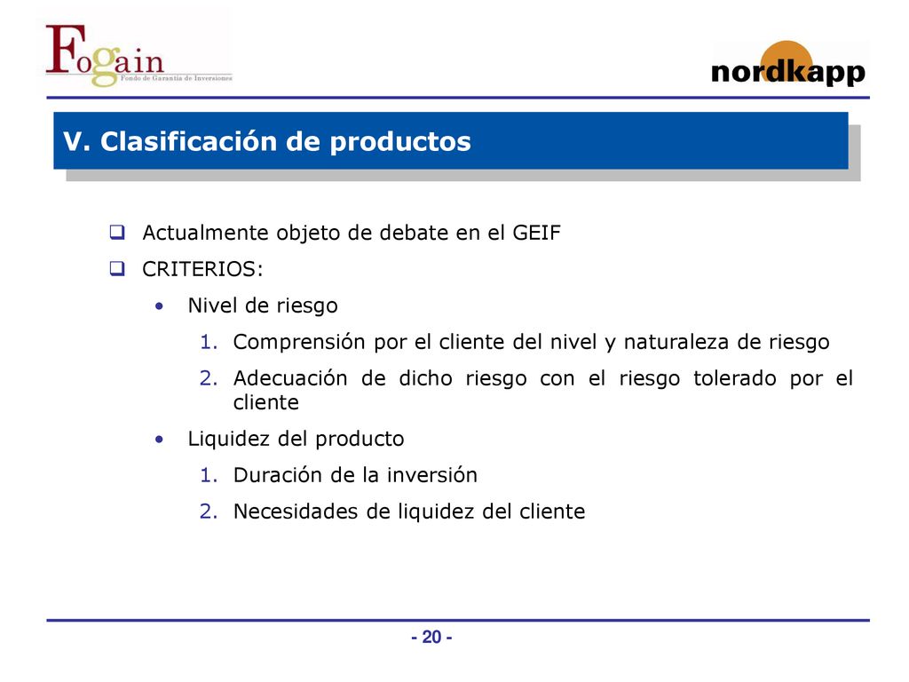 V. Clasificación de productos