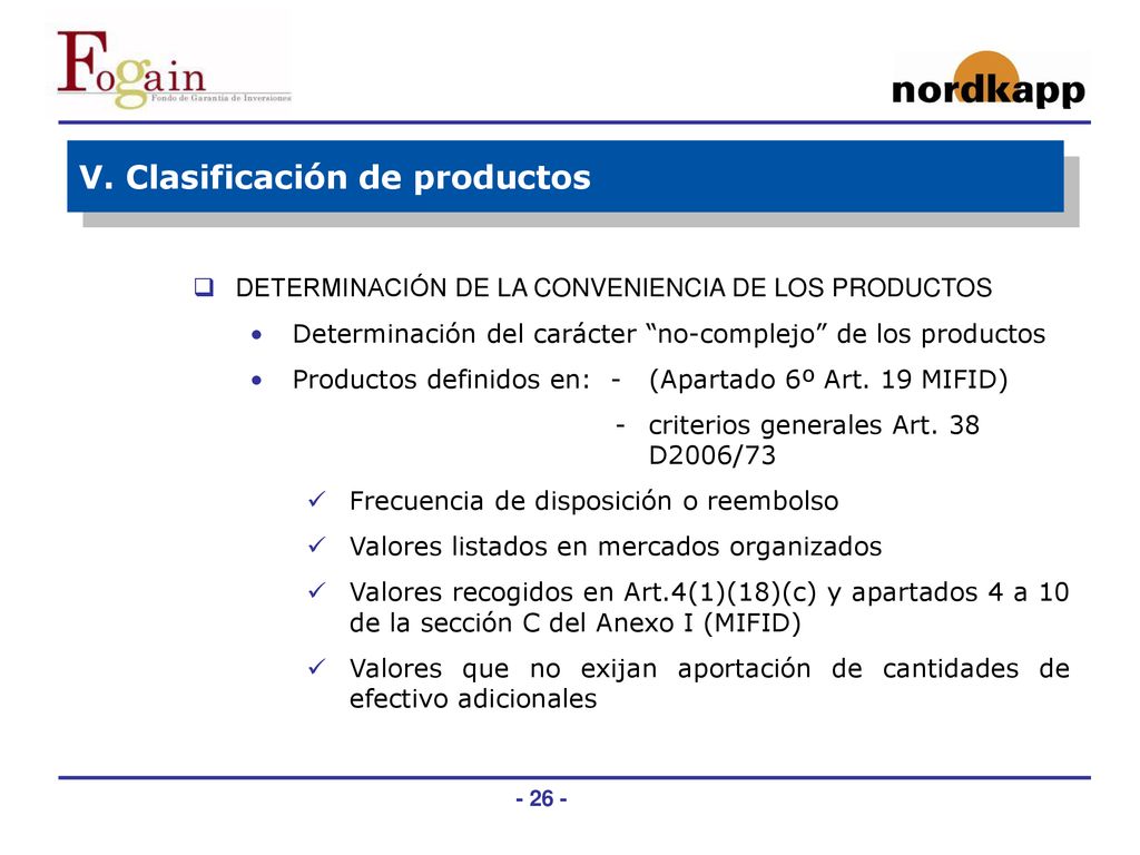 V. Clasificación de productos