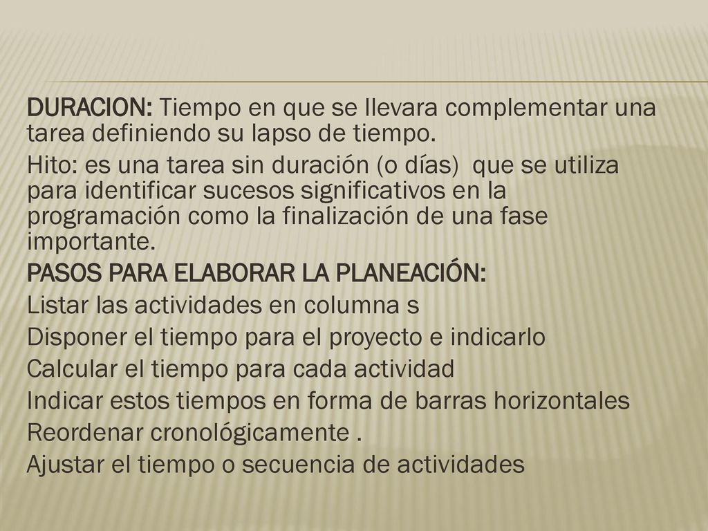 DURACION: Tiempo en que se llevara complementar una tarea definiendo su lapso de tiempo.