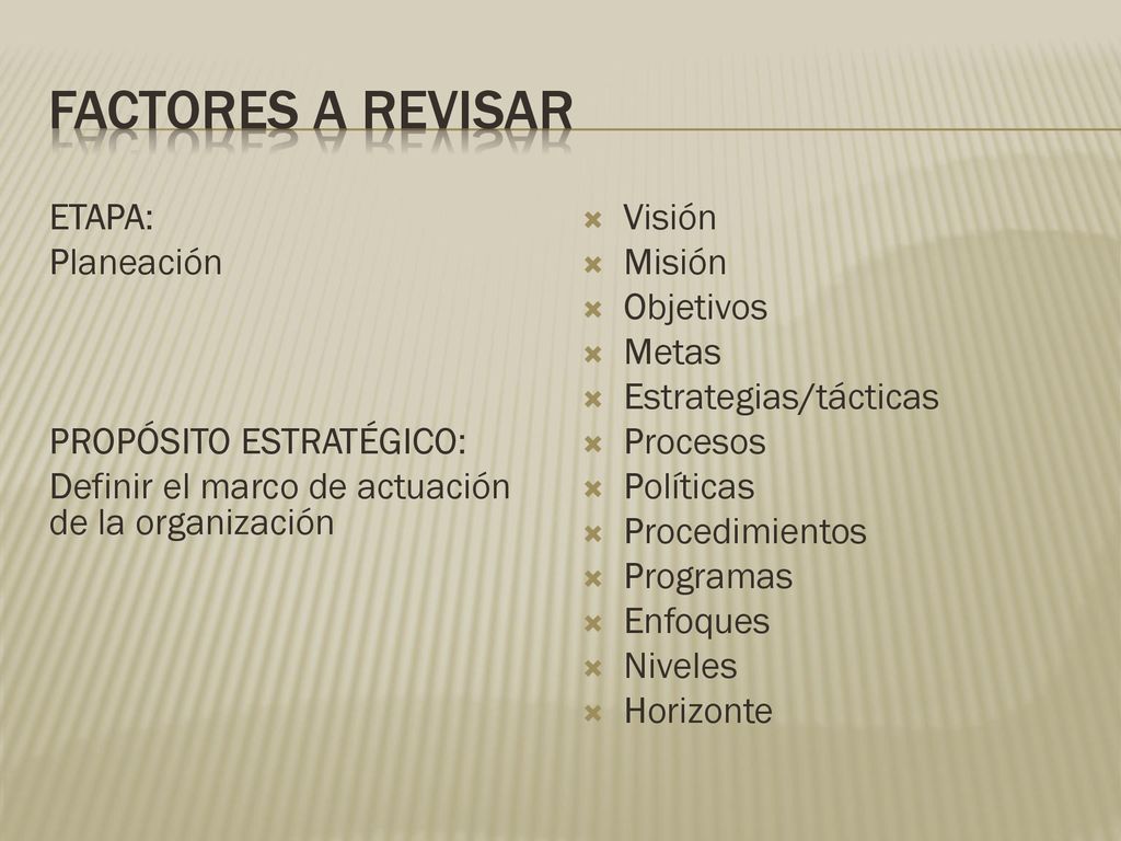 Factores a revisar ETAPA: Planeación PROPÓSITO ESTRATÉGICO: Definir el marco de actuación de la organización