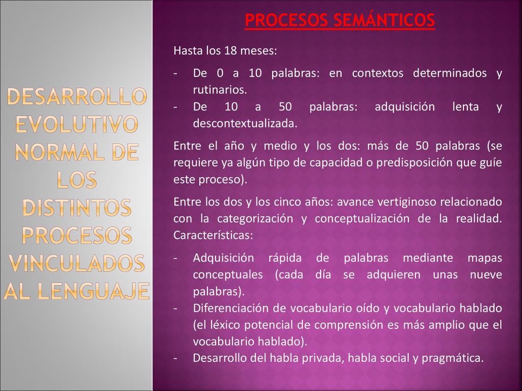 PROCESOS SEMÁNTICOS Hasta los 18 meses: De 0 a 10 palabras: en contextos determinados y rutinarios.
