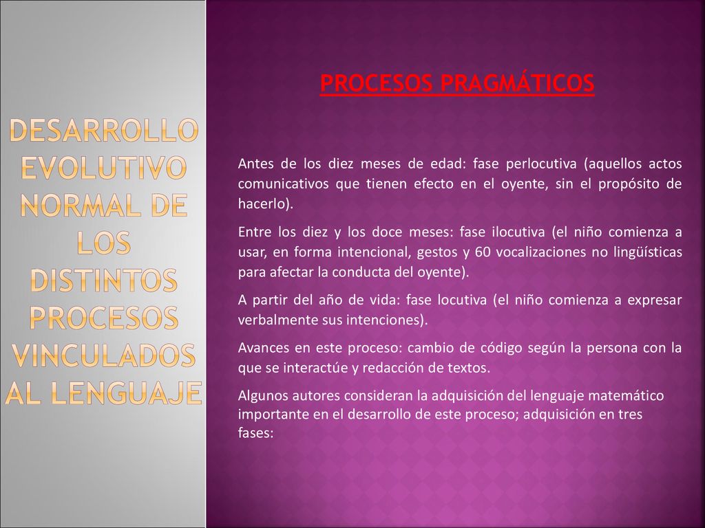 PROCESOS PRAGMÁTICOS DESARROLLO EVOLUTIVO NORMAL DE LOS DISTINTOS PROCESOS VINCULADOS AL LENGUAJE.