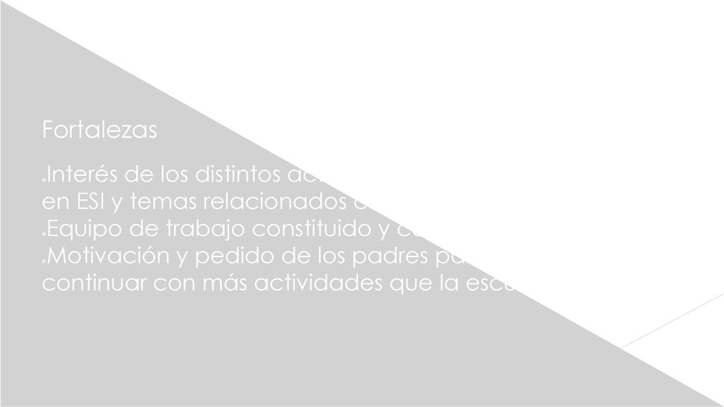 Fortalezas Interés de los distintos actores institucionales de trabajar en ESI y temas relacionados con la adolescencia.
