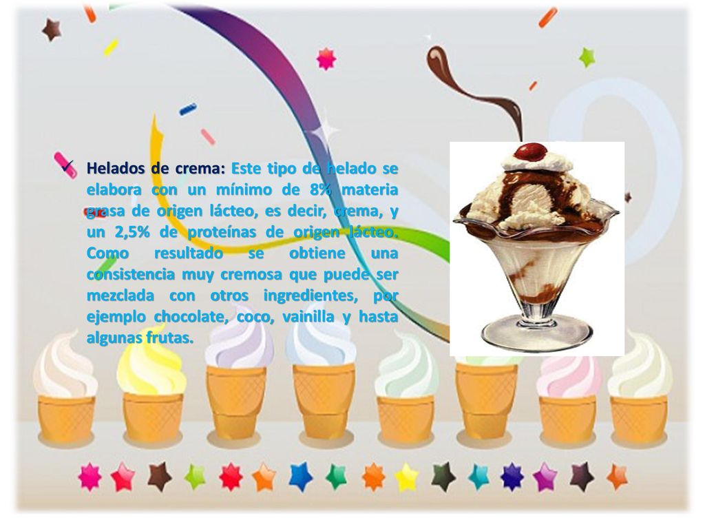 Helados de crema: Este tipo de helado se elabora con un mínimo de 8% materia grasa de origen lácteo, es decir, crema, y un 2,5% de proteínas de origen lácteo.