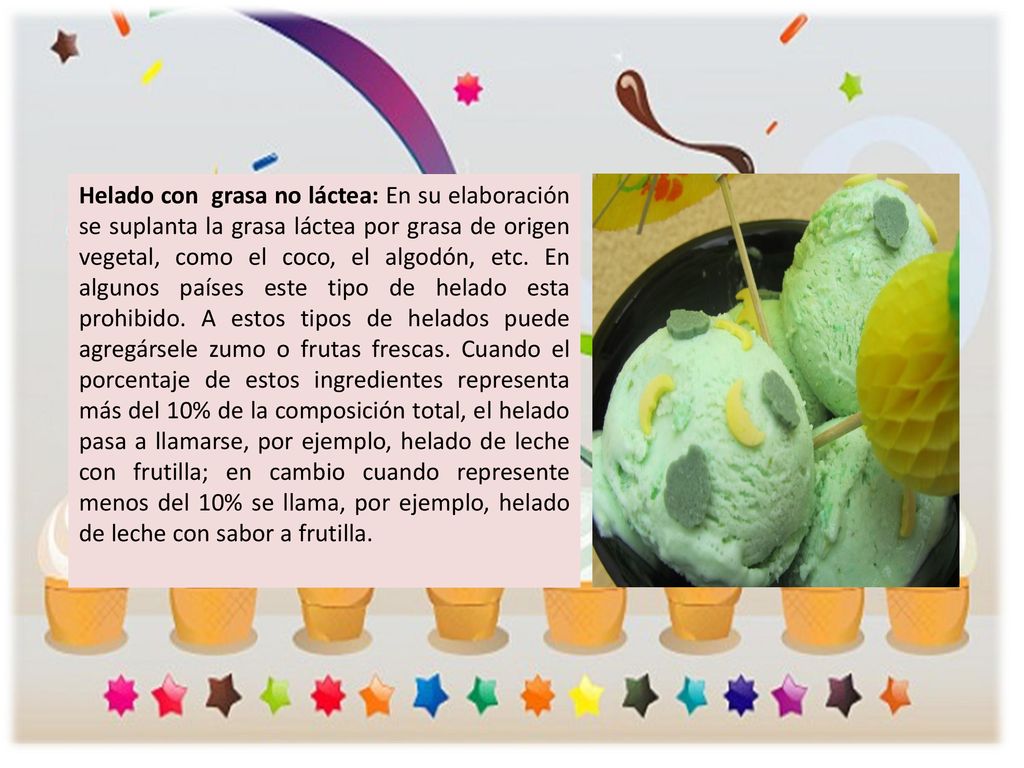 Helado con grasa no láctea: En su elaboración se suplanta la grasa láctea por grasa de origen vegetal, como el coco, el algodón, etc.