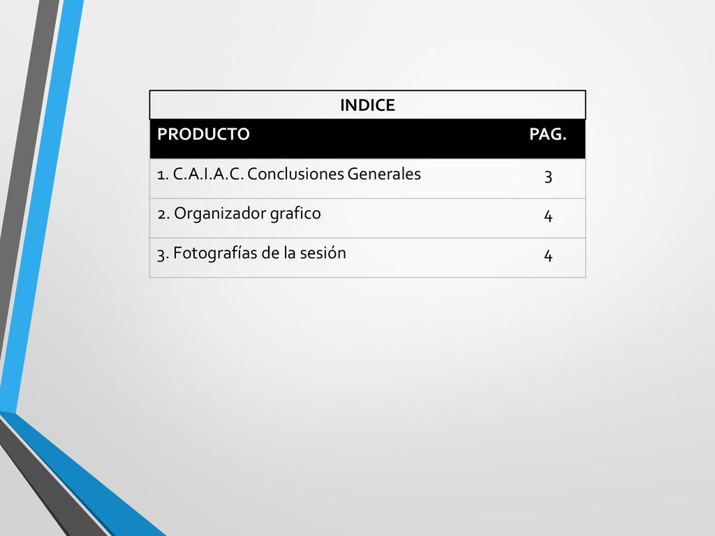 INDICE PRODUCTO. PAG. 1. C.A.I.A.C. Conclusiones Generales.