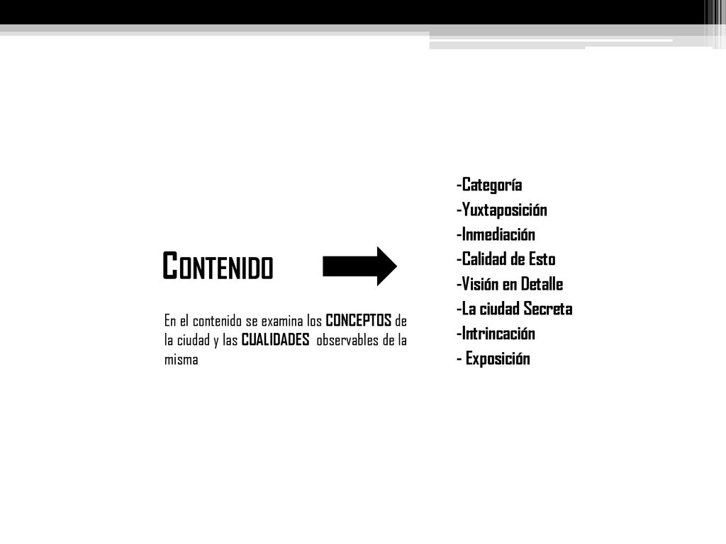 -Categoría -Yuxtaposición -Inmediación -Calidad de Esto -Visión en Detalle -La ciudad Secreta -Intrincación - Exposición