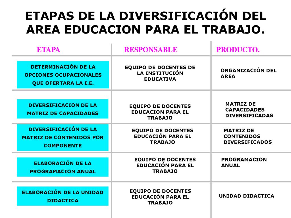 ETAPAS DE LA DIVERSIFICACIÓN DEL AREA EDUCACION PARA EL TRABAJO.