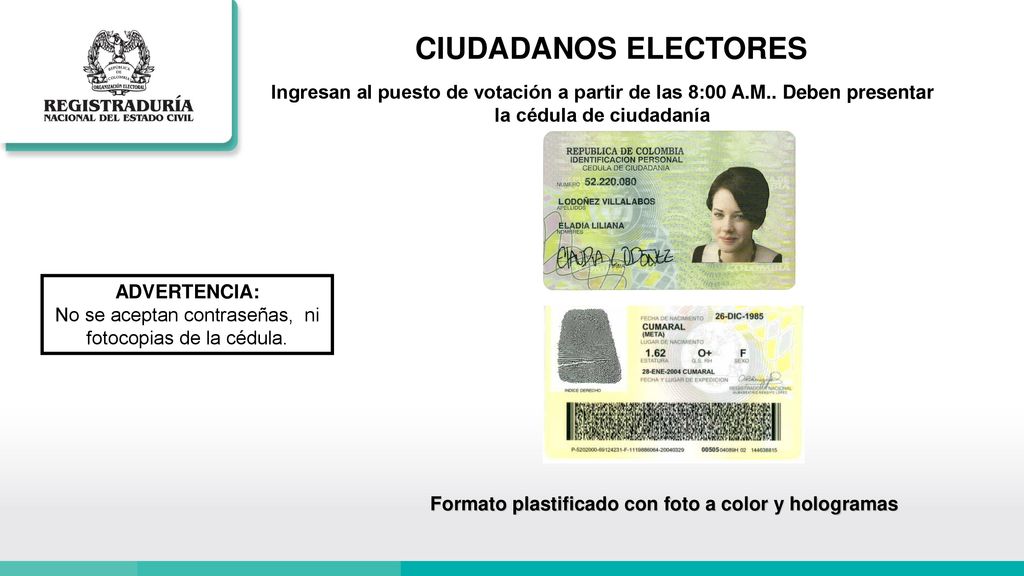 Formato plastificado con foto a color y hologramas
