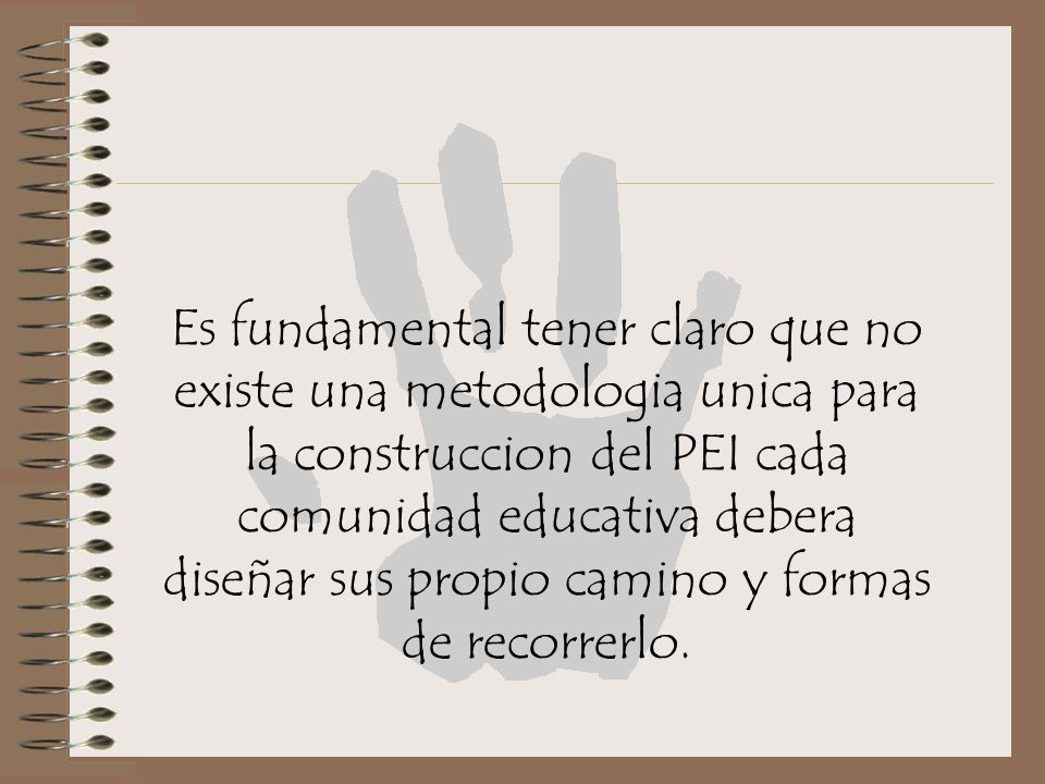 Es fundamental tener claro que no existe una metodologia unica para la construccion del PEI cada comunidad educativa debera diseñar sus propio camino y formas de recorrerlo.