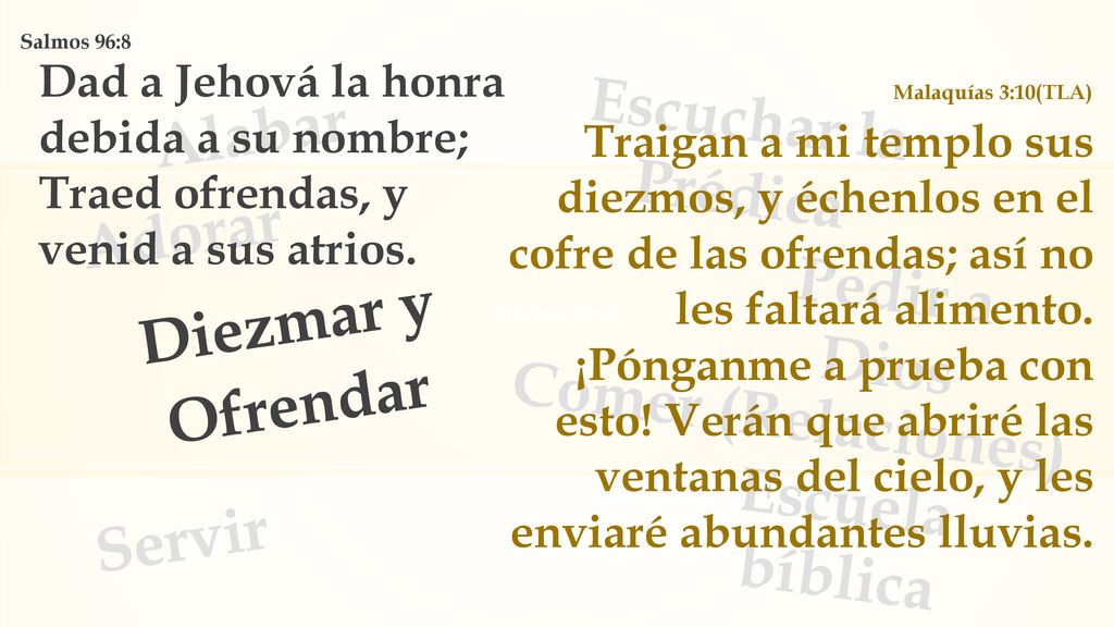 Escuchar la Prédica Alabar Adorar Pedir a Dios Diezmar y Ofrendar