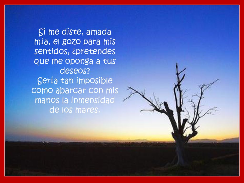 Si me diste, amada mía, el gozo para mis sentidos, ¿pretendes que me oponga a tus deseos.