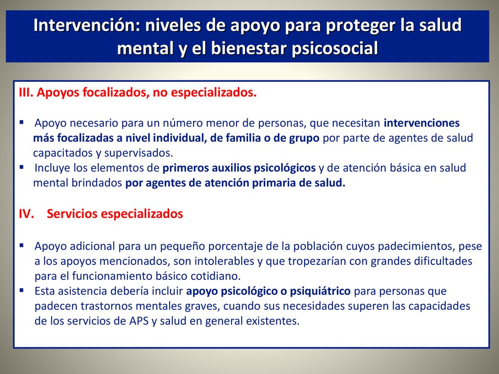 Intervención: niveles de apoyo para proteger la salud mental y el bienestar psicosocial