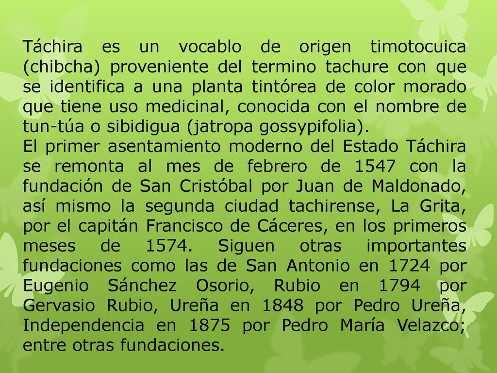 Táchira es un vocablo de origen timotocuica (chibcha) proveniente del termino tachure con que se identifica a una planta tintórea de color morado que tiene uso medicinal, conocida con el nombre de tun-túa o sibidigua (jatropa gossypifolia).
