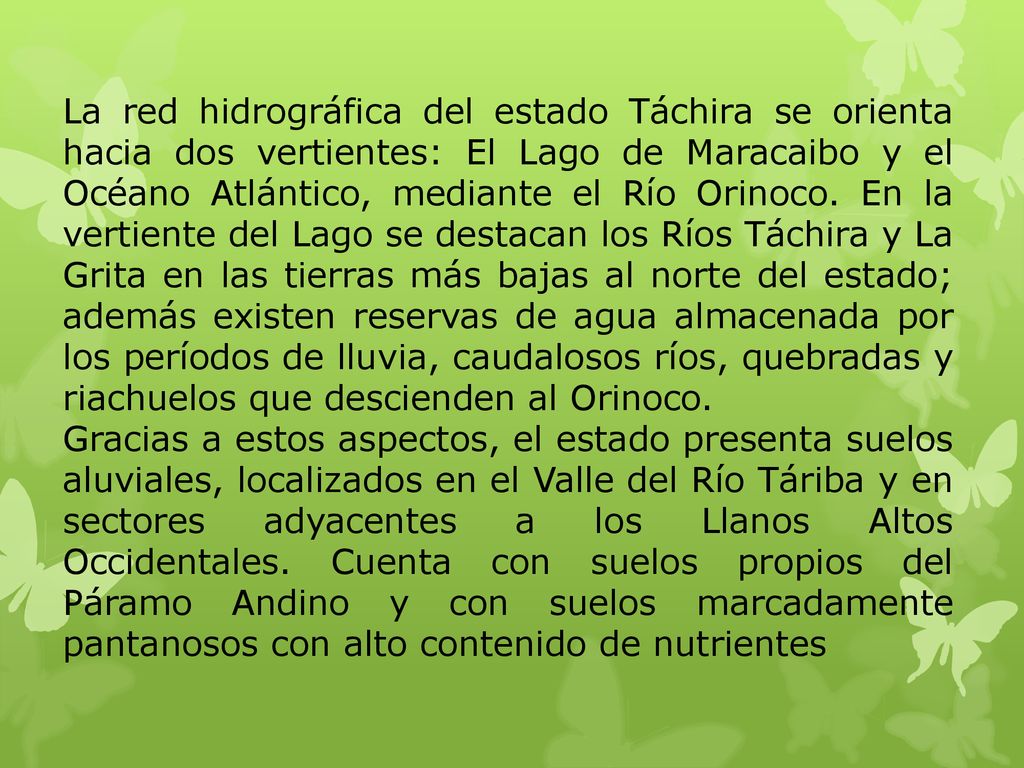 La red hidrográfica del estado Táchira se orienta hacia dos vertientes: El Lago de Maracaibo y el Océano Atlántico, mediante el Río Orinoco. En la vertiente del Lago se destacan los Ríos Táchira y La Grita en las tierras más bajas al norte del estado; además existen reservas de agua almacenada por los períodos de lluvia, caudalosos ríos, quebradas y riachuelos que descienden al Orinoco.