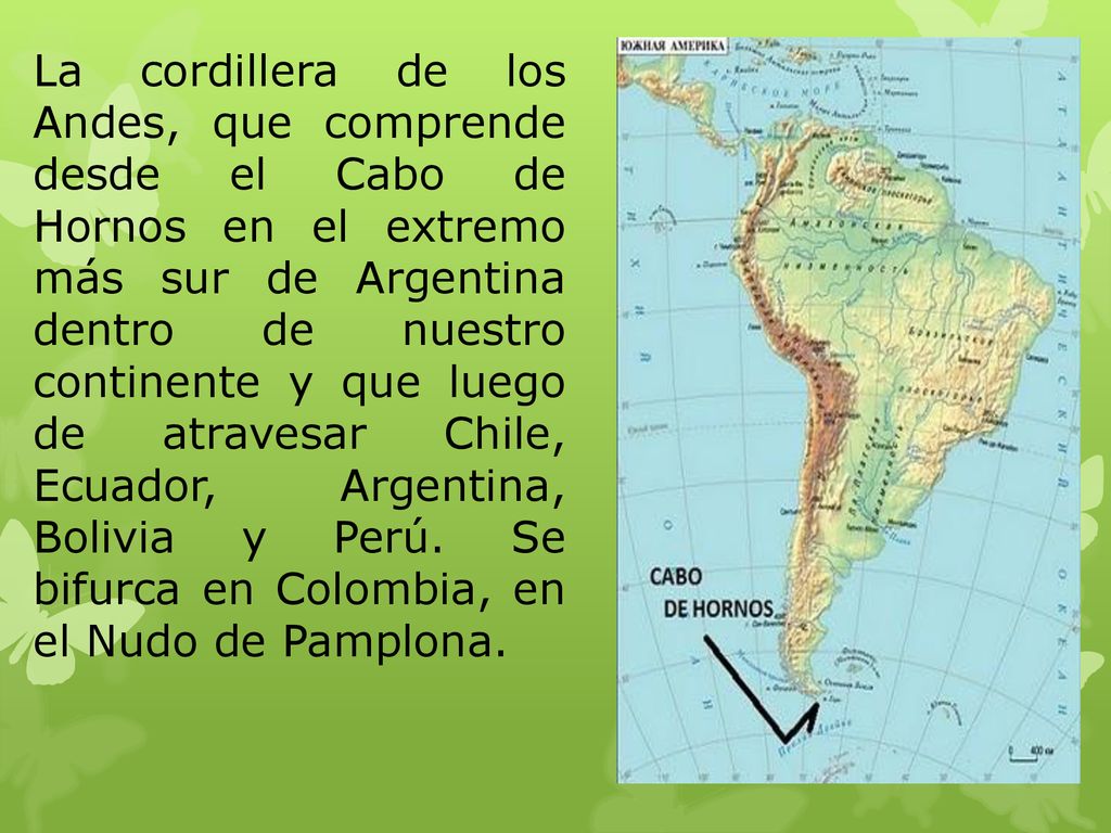 La cordillera de los Andes, que comprende desde el Cabo de Hornos en el extremo más sur de Argentina dentro de nuestro continente y que luego de atravesar Chile, Ecuador, Argentina, Bolivia y Perú.