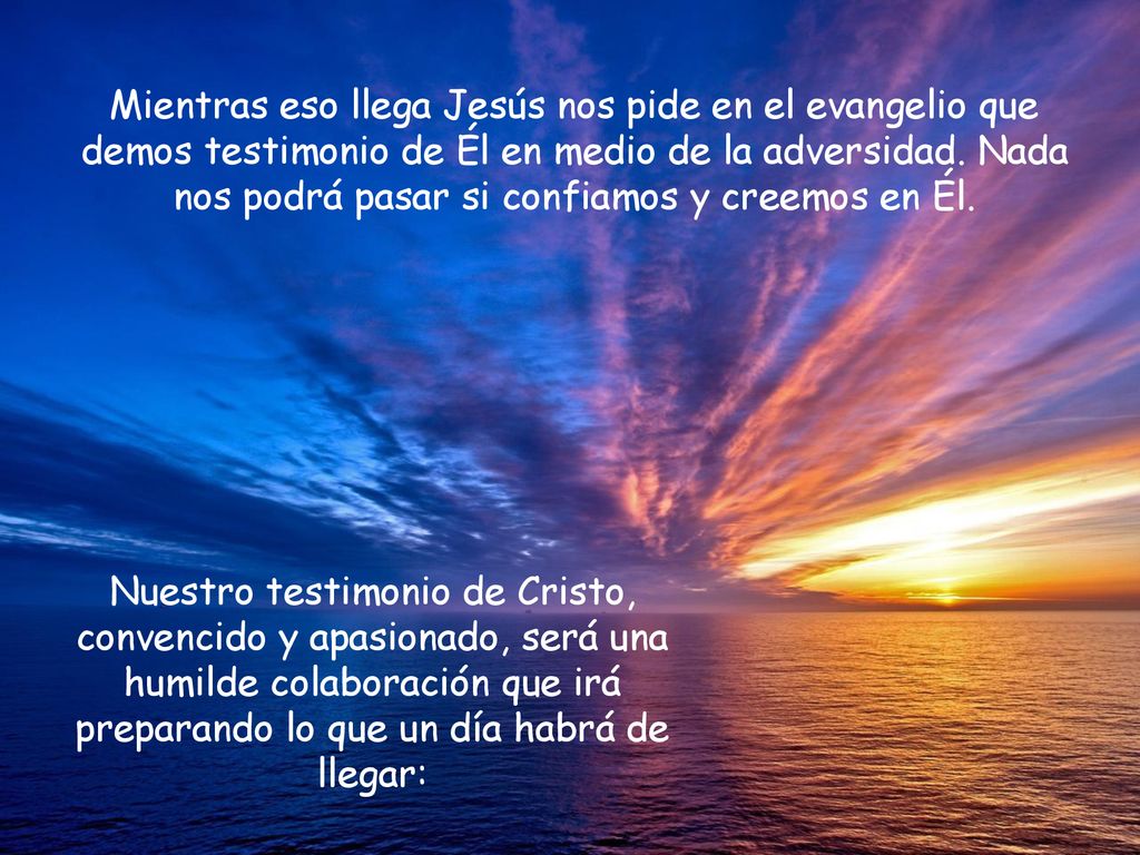 Mientras eso llega Jesús nos pide en el evangelio que demos testimonio de Él en medio de la adversidad. Nada nos podrá pasar si confiamos y creemos en Él.
