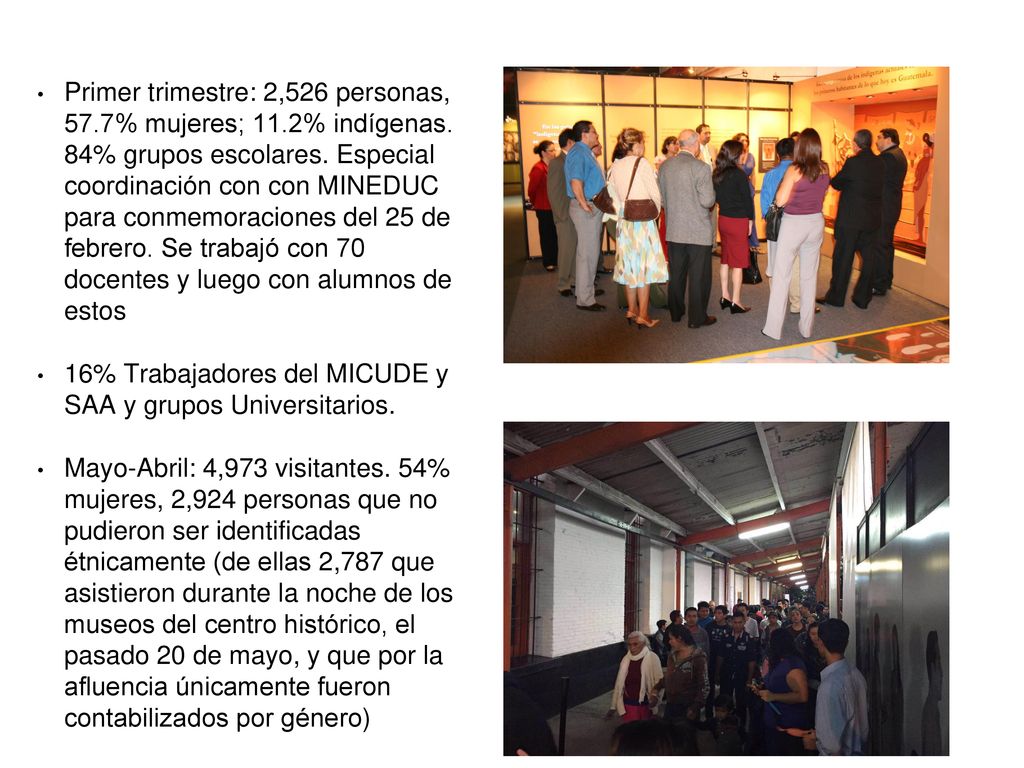 Primer trimestre: 2,526 personas, 57. 7% mujeres; 11. 2% indígenas