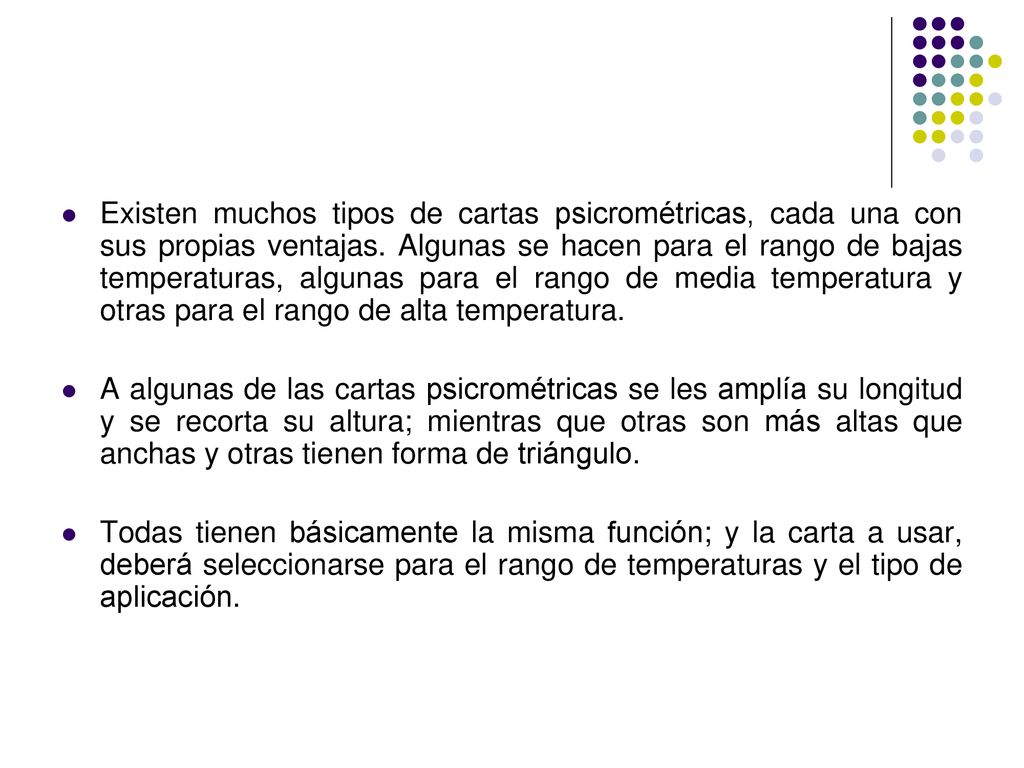 Existen muchos tipos de cartas psicrométricas, cada una con sus propias ventajas. Algunas se hacen para el rango de bajas temperaturas, algunas para el rango de media temperatura y otras para el rango de alta temperatura.