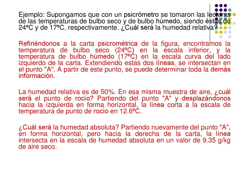 Ejemplo: Supongamos que con un psicrómetro se tomaron las lecturas de las temperaturas de bulbo seco y de bulbo húmedo, siendo éstas de 24ºC y de 17ºC, respectivamente. ¿Cuál será la humedad relativa