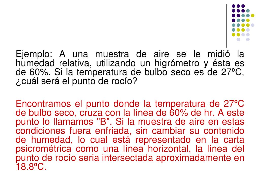 Ejemplo: A una muestra de aire se le midió la humedad relativa, utilizando un higrómetro y ésta es de 60%. Si la temperatura de bulbo seco es de 27ºC, ¿cuál será el punto de rocío
