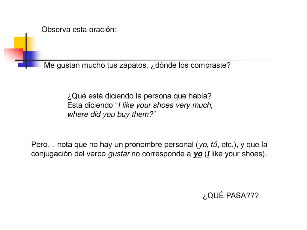 Observa esta oración: Me gustan mucho tus zapatos, ¿dónde los compraste