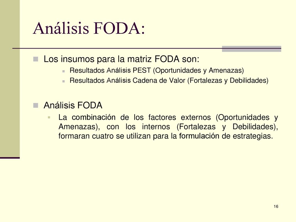 Análisis FODA: Los insumos para la matriz FODA son: Análisis FODA