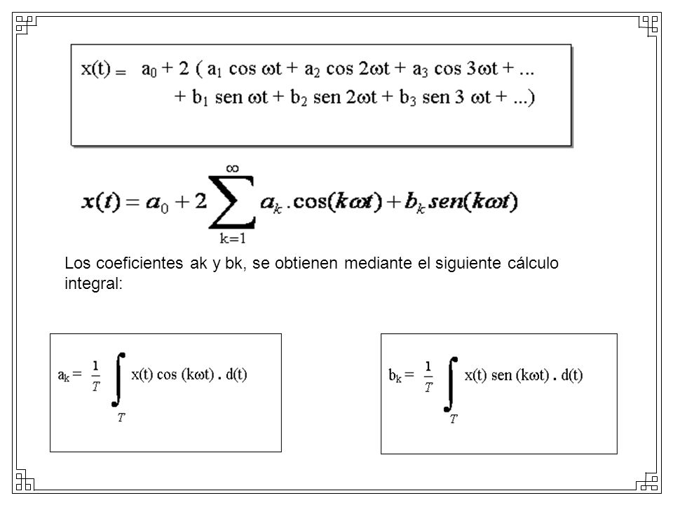 Los coeficientes ak y bk, se obtienen mediante el siguiente cálculo integral: