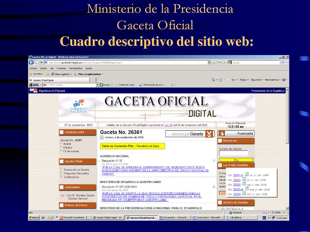 Ministerio de la Presidencia Gaceta Oficial Cuadro descriptivo del sitio web: