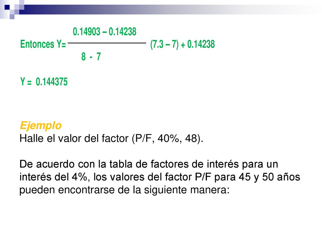 Ejemplo Halle el valor del factor (P/F, 40%, 48)