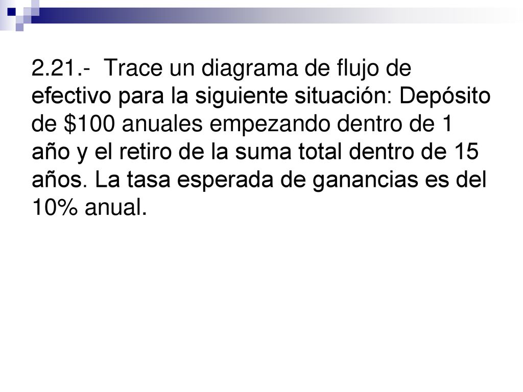 Trace un diagrama de flujo de efectivo para la siguiente situación: Depósito de $100 anuales empezando dentro de 1 año y el retiro de la suma total dentro de 15 años.