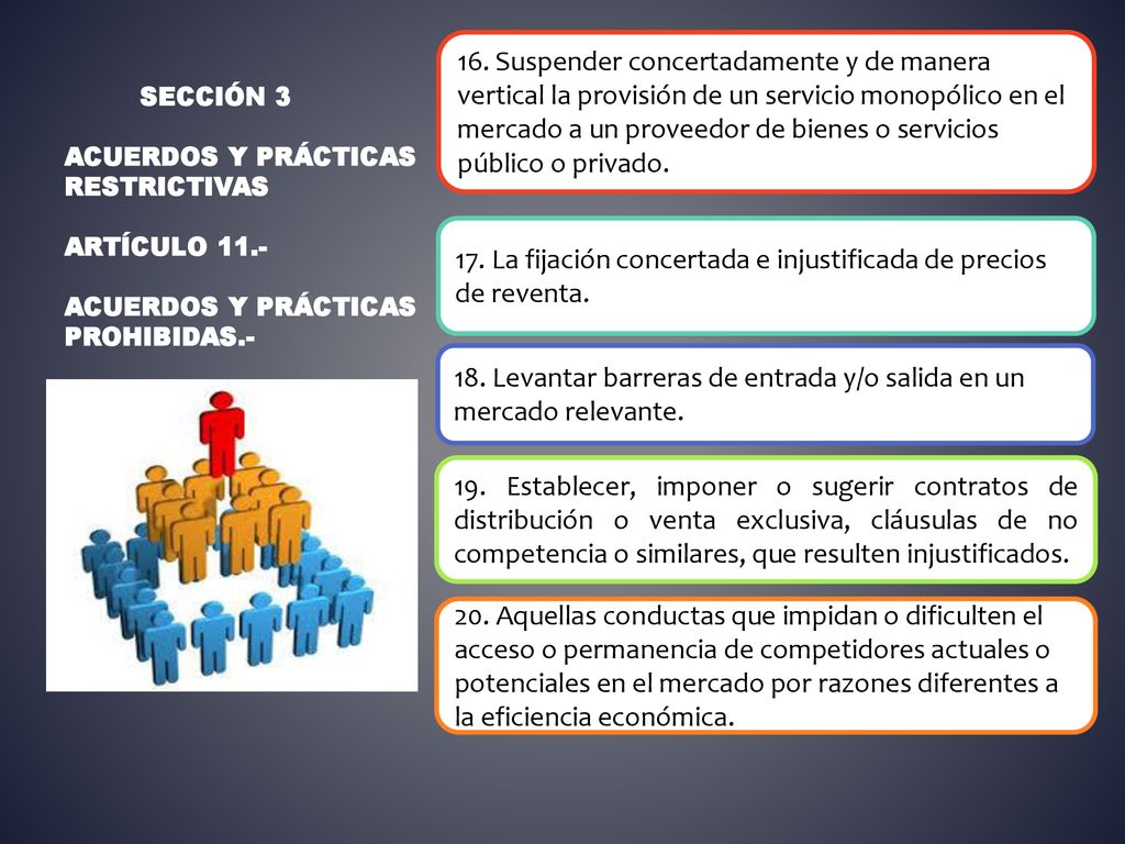 17. La fijación concertada e injustificada de precios de reventa.