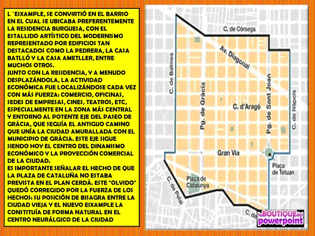 L `EIXAMPLE, SE CONVIRTIÓ EN EL BARRIO EN EL CUAL SE UBICABA PREFERENTEMENTE LA RESIDENCIA BURGUESA, CON EL ESTALLIDO ARTÍSTICO DEL MODERNISMO REPRESENTADO POR EDIFICIOS TAN DESTACADOS COMO LA PEDRERA, LA CASA BATLLÓ Y LA CASA AMETLLER, ENTRE MUCHOS OTROS.