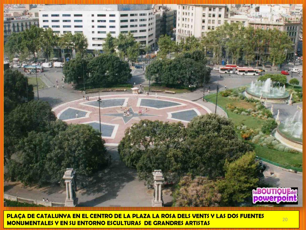 PLAÇA DE CATALUNYA EN EL CENTRO DE LA PLAZA LA ROSA DELS VENTS Y LAS DOS FUENTES MONUMENTALES Y EN SU ENTORNO ESCULTURAS DE GRANDRES ARTISTAS