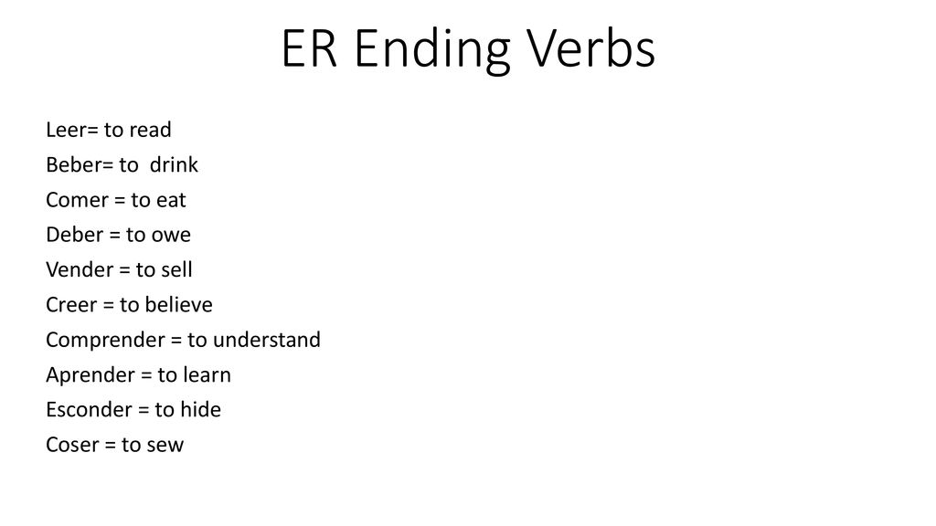 ER Ending Verbs Leer= to read Beber= to drink Comer = to eat