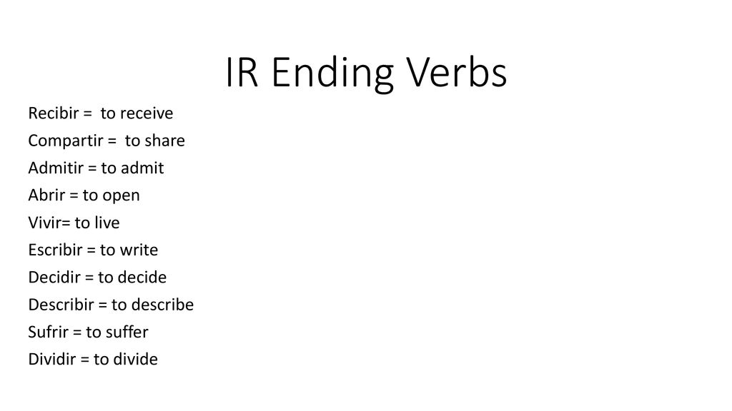 IR Ending Verbs Recibir = to receive Compartir = to share